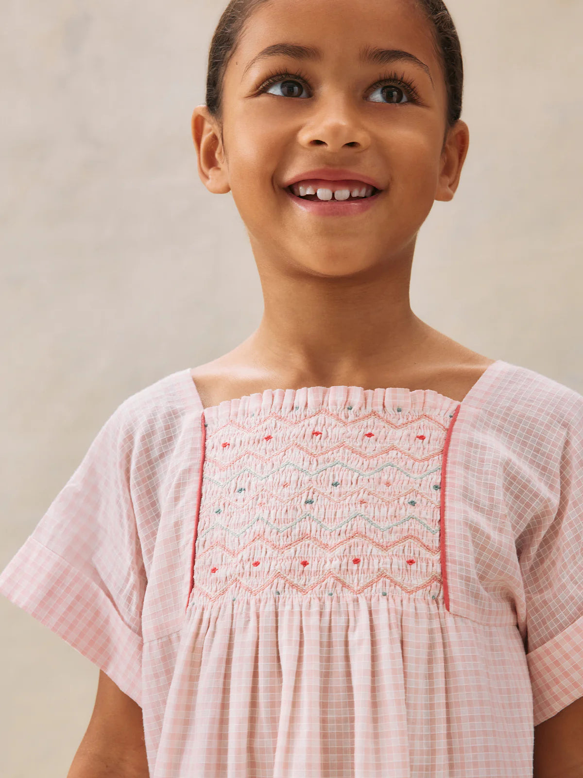 Bonpoint-Paysanne dress in smocked and embroidered checks