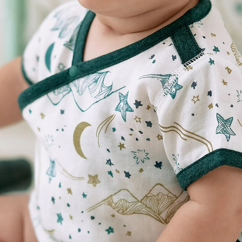 Nest Designs-Short Sleeve Kimono Onesie (Bamboo Spandex Muslin)-Stars White