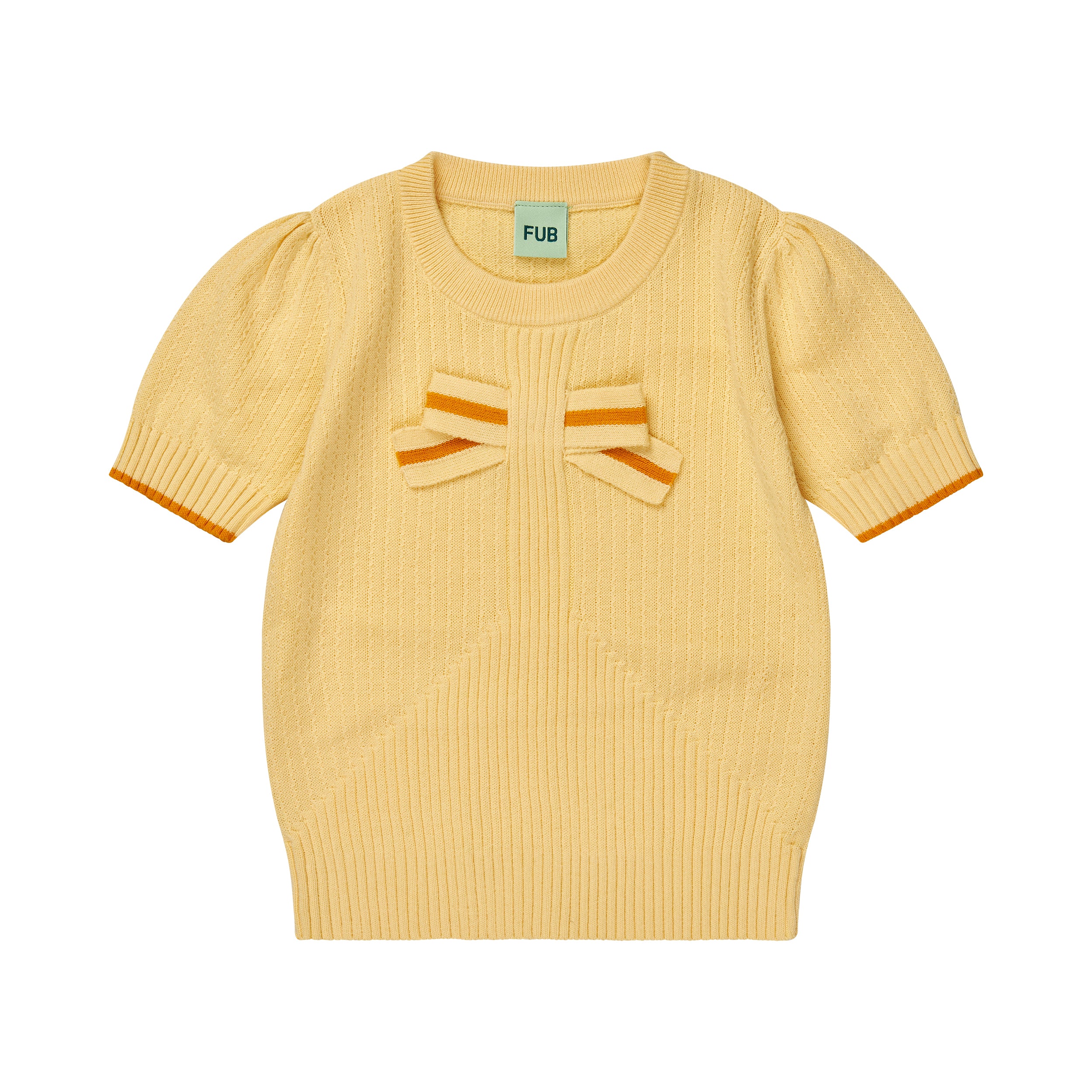 Fub-Girls Yellow Knitted Bow Cotton T-Shirt