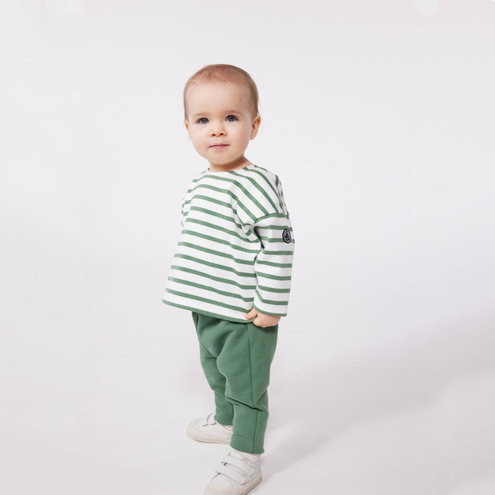 PETIT BATEAU-Baby Boys Green Stripe Embroidered Logo T-Shirt