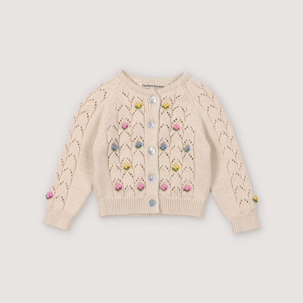 The New Society-Girls Beige Floral Embroidered Cotton Cardigan