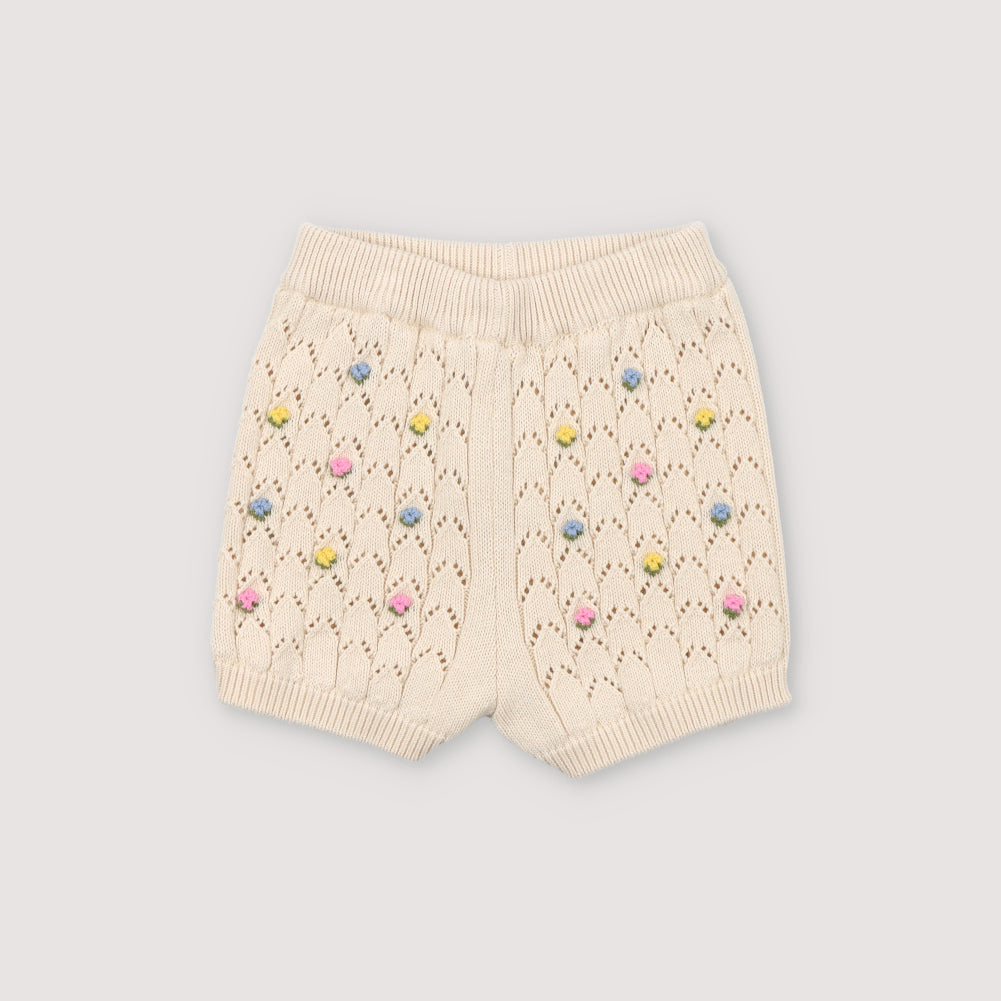 The New Society-Girls Beige Floral Embroidered Cotton Shorts
