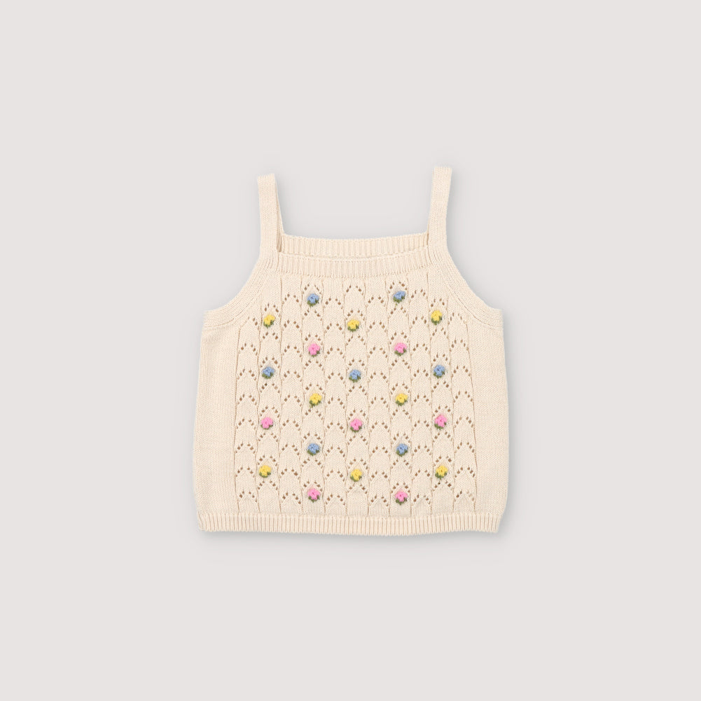 The New Society-Girls Beige Floral Embroidered Cotton Vest