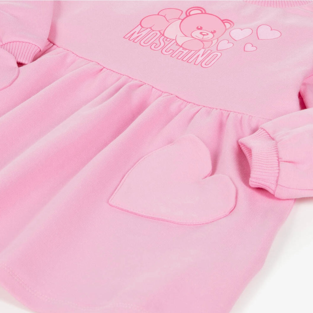 GIRL LS DRESS WITH HEART POCKETS AND BEAR PRINT-BGN PINK