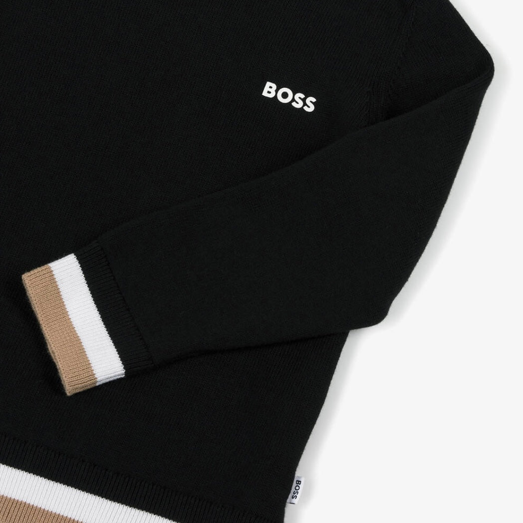 KNIT SWEATER 3 COLOR RIBBING AT CUFFS-BLACK