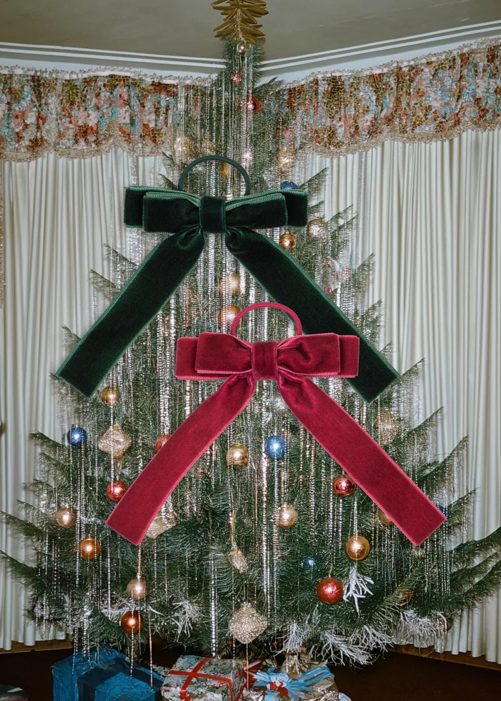 2 PACK VELVET DOUBLE BOW ELA - GREEN/SANGRIA
