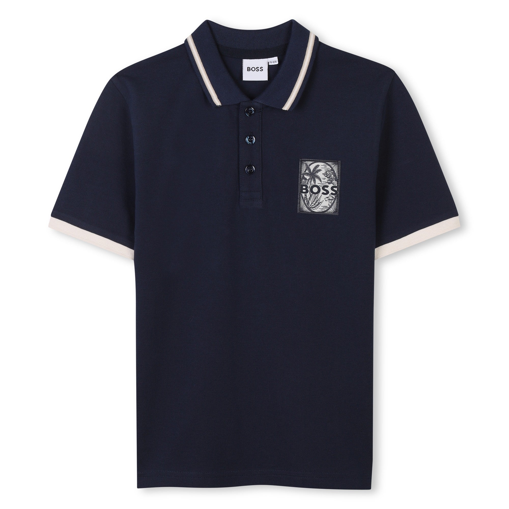 Boss-Navy Printed Logo Cotton Short Sleeve Polo Shirt