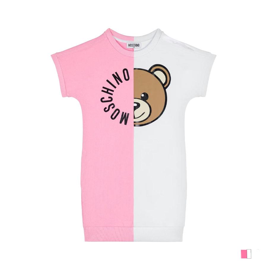 SS DRESS COLOR BLOCK AND BEAR DETAIL-PINK