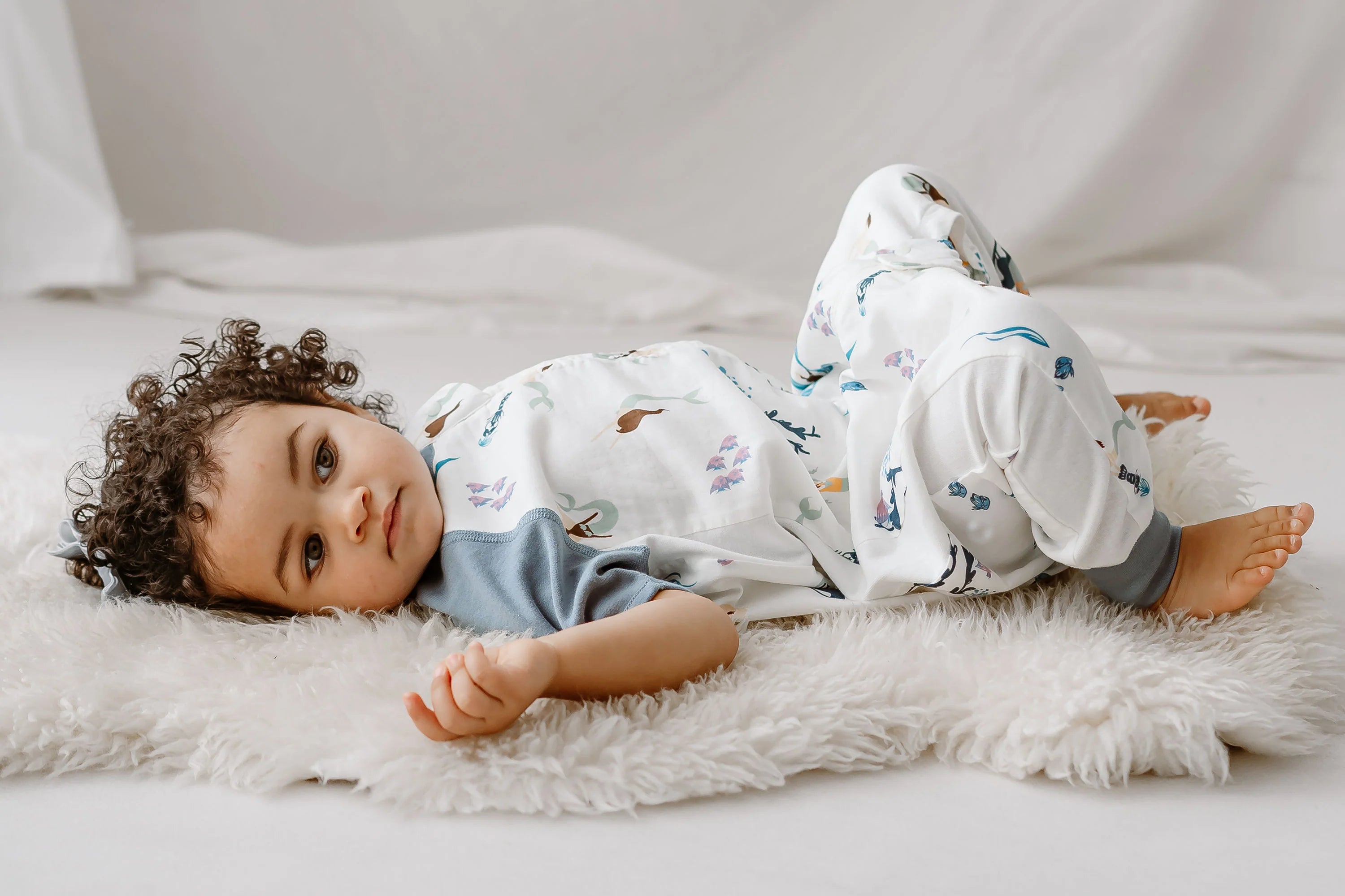 Short Sleeve Footed Sleep Bag 0.6 TOG (Bamboo Pima) - Splish Splash
