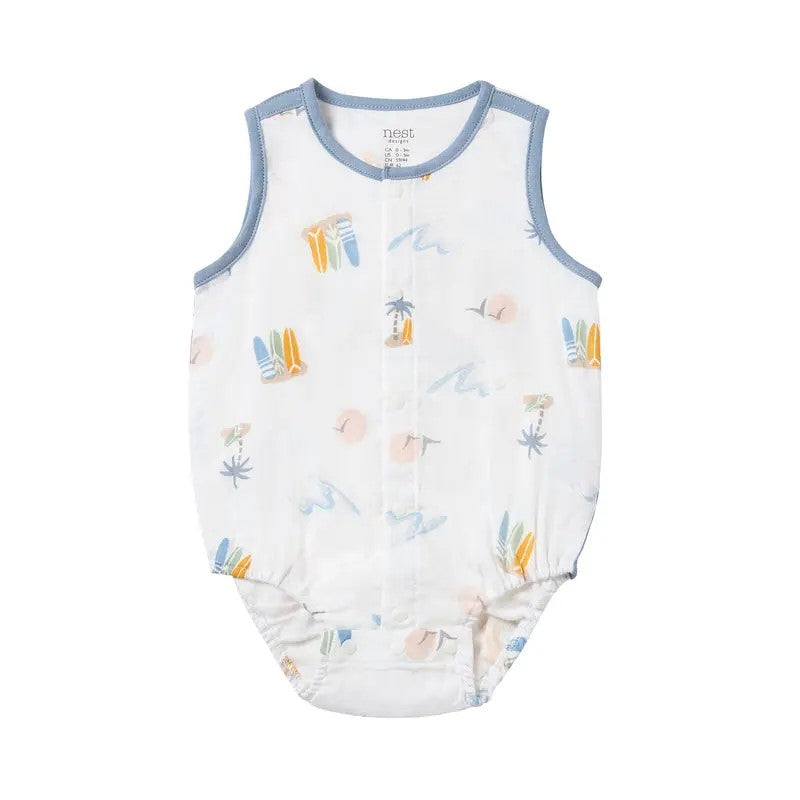 Nest Designs-Sleeveless Button Down Onesie (Bamboo)-Pastel Waves
