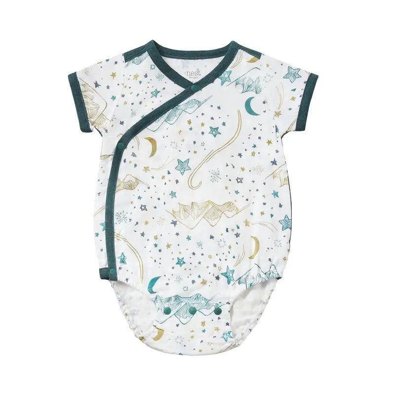 Nest Designs-Short Sleeve Kimono Onesie (Bamboo Spandex Muslin)-Stars White