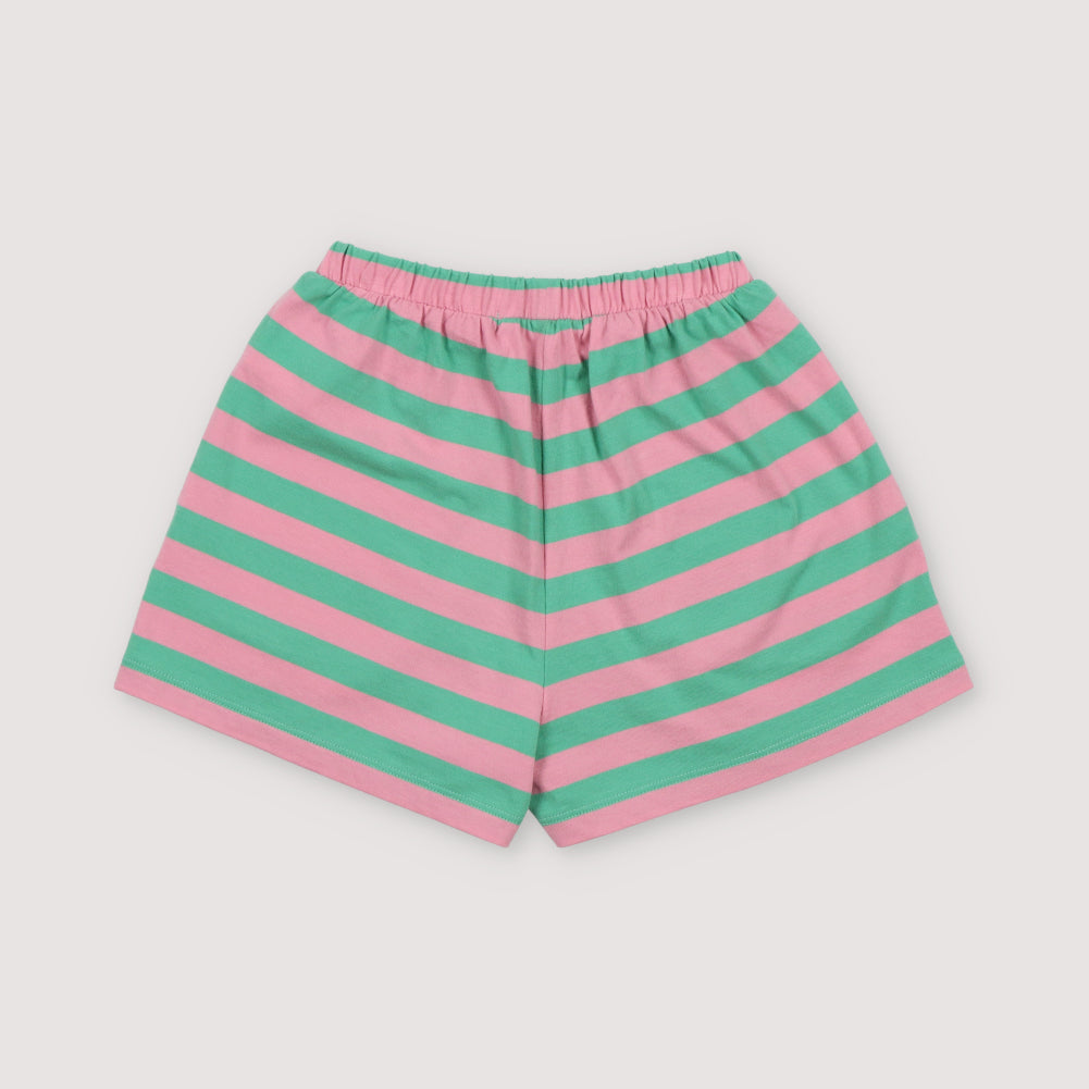 The New Society-Girls Pink And Green Stripe Cotton Shorts