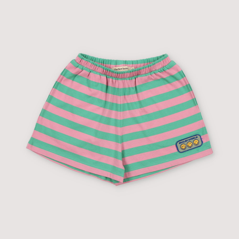 The New Society-Girls Pink And Green Stripe Cotton Shorts