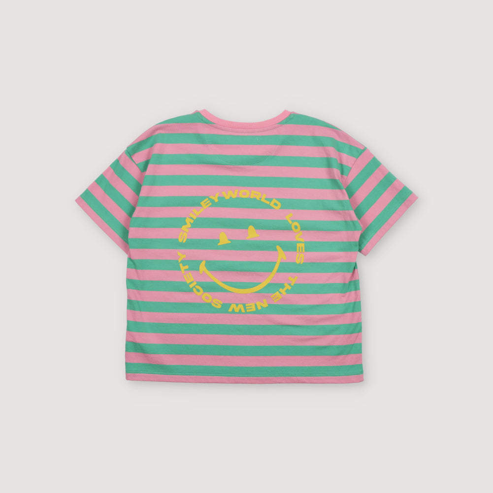 The New Society-Girls Pink And Green Stripe Cotton T-Shirt