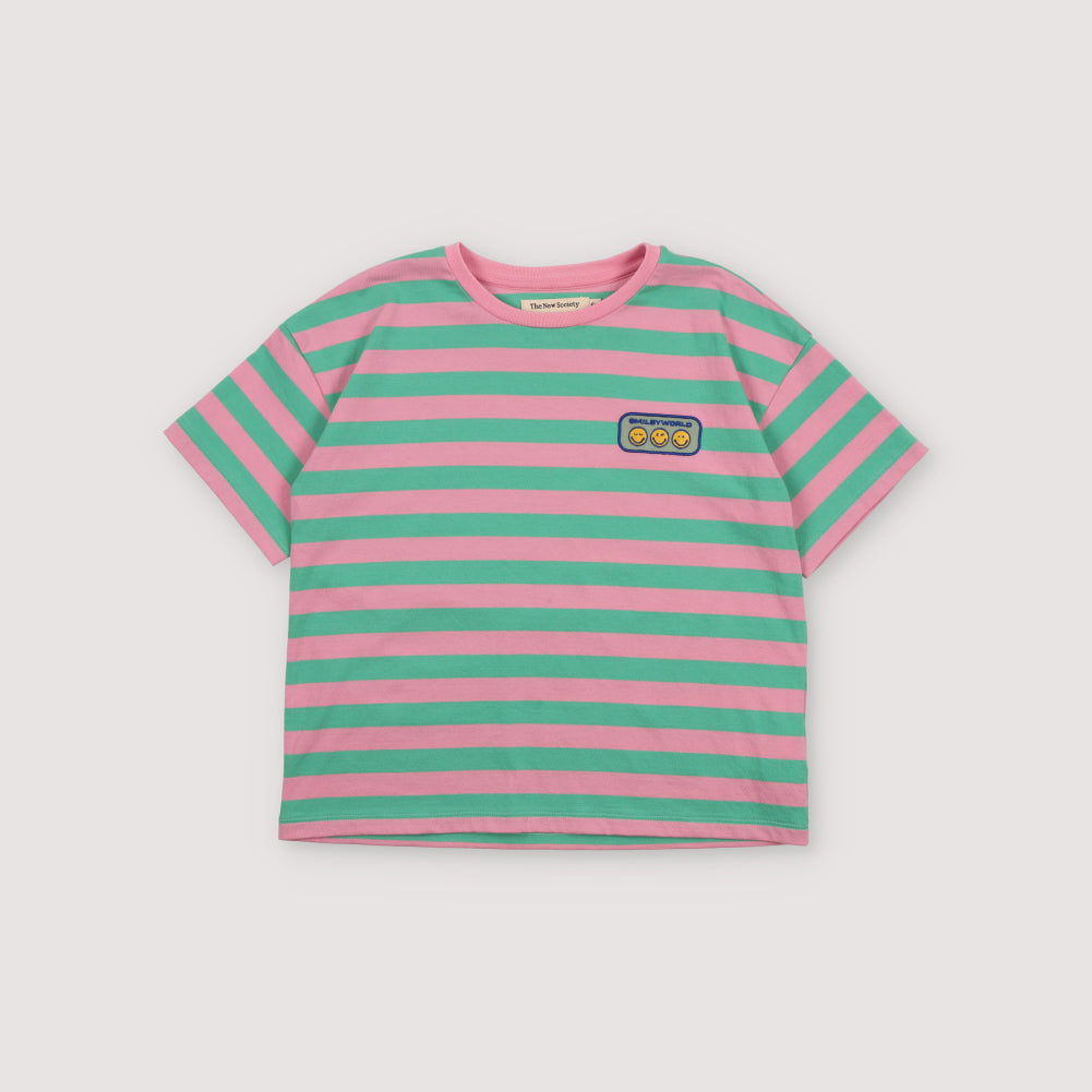 The New Society-Girls Pink And Green Stripe Cotton T-Shirt