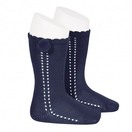 OPENWORK PERLE KNEE SOCSK WITH SIDE POMPOM, 2.568/2-480 - Cemarose Children's Fashion Boutique
